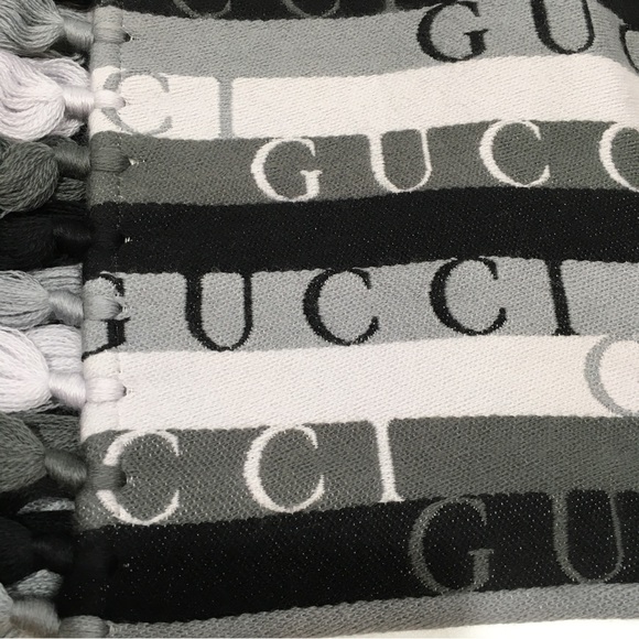 AUTHENTIC GUCCI WOOL STRIPED LONG SCARF -GREY / BLACK -NWT - Picture 3 of 8